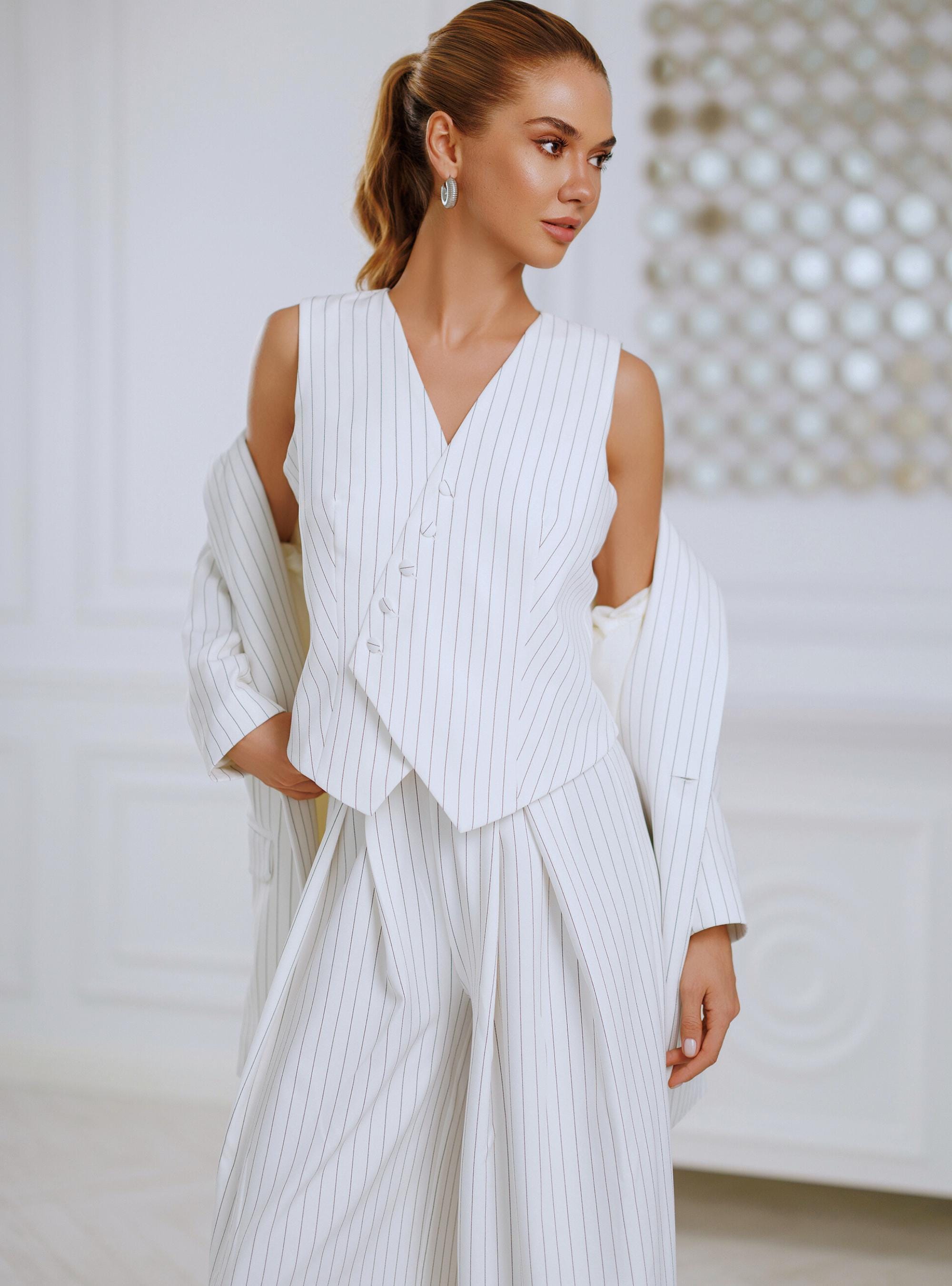 White Pinstripe Three Piece Suit for Women, Asymmetric Vest and Wide Leg Pants Set