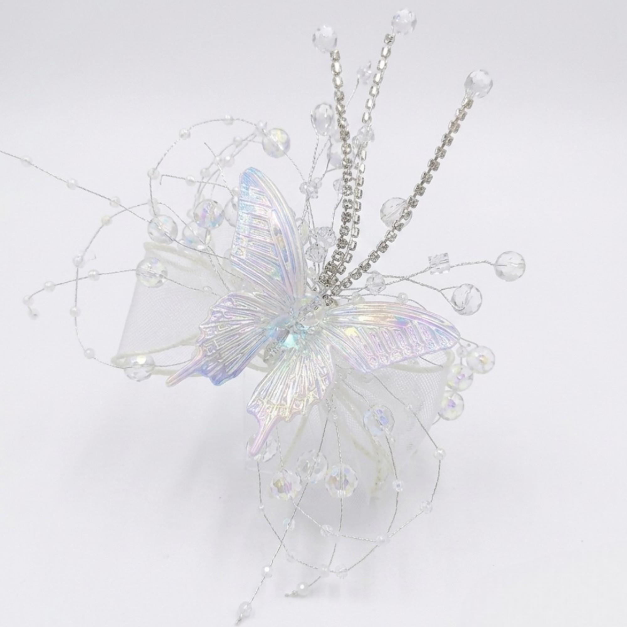 Iridescent Butterfly Wrist Corsage, Crystal Beaded Hand Corsage