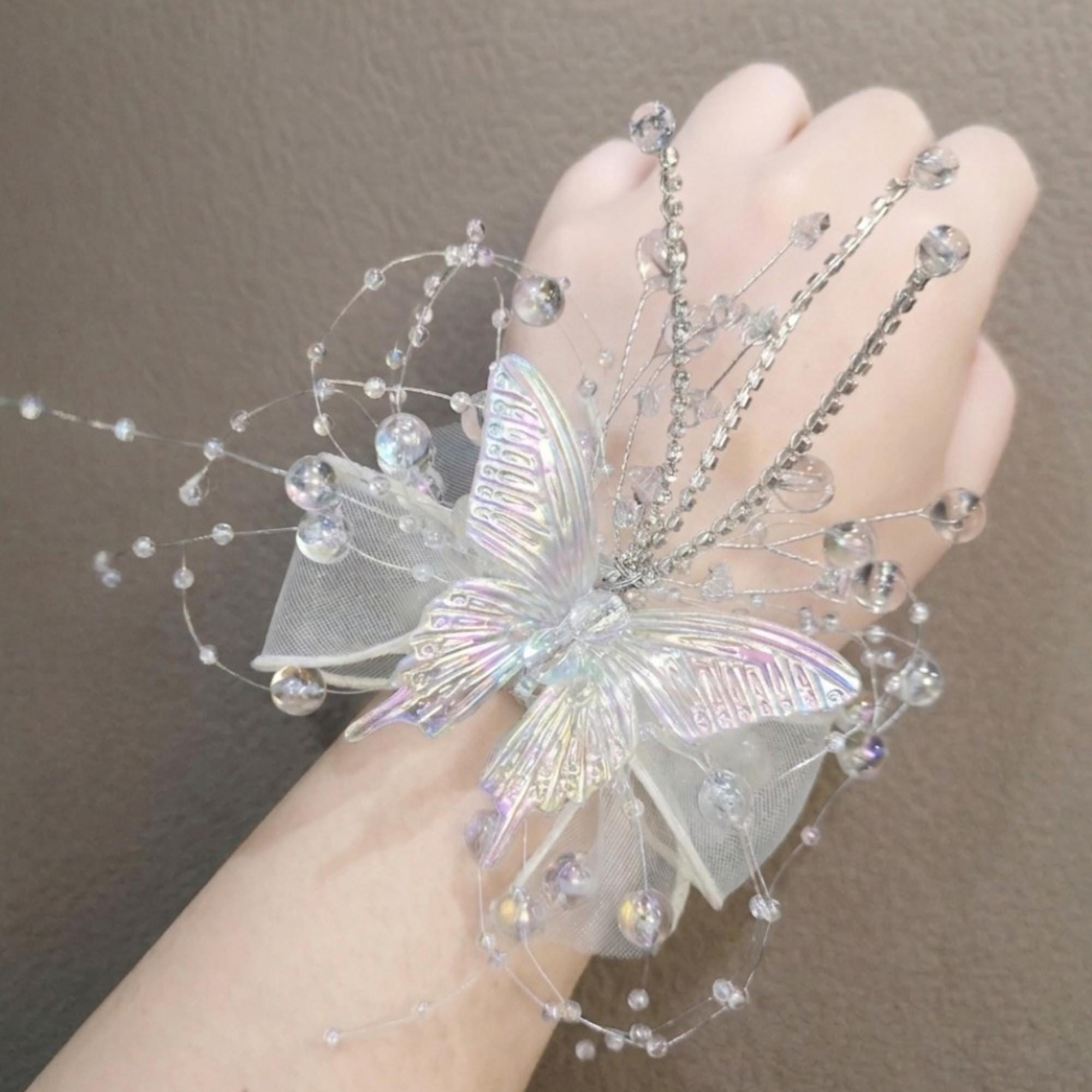Iridescent Butterfly Wrist Corsage, Crystal Beaded Hand Corsage
