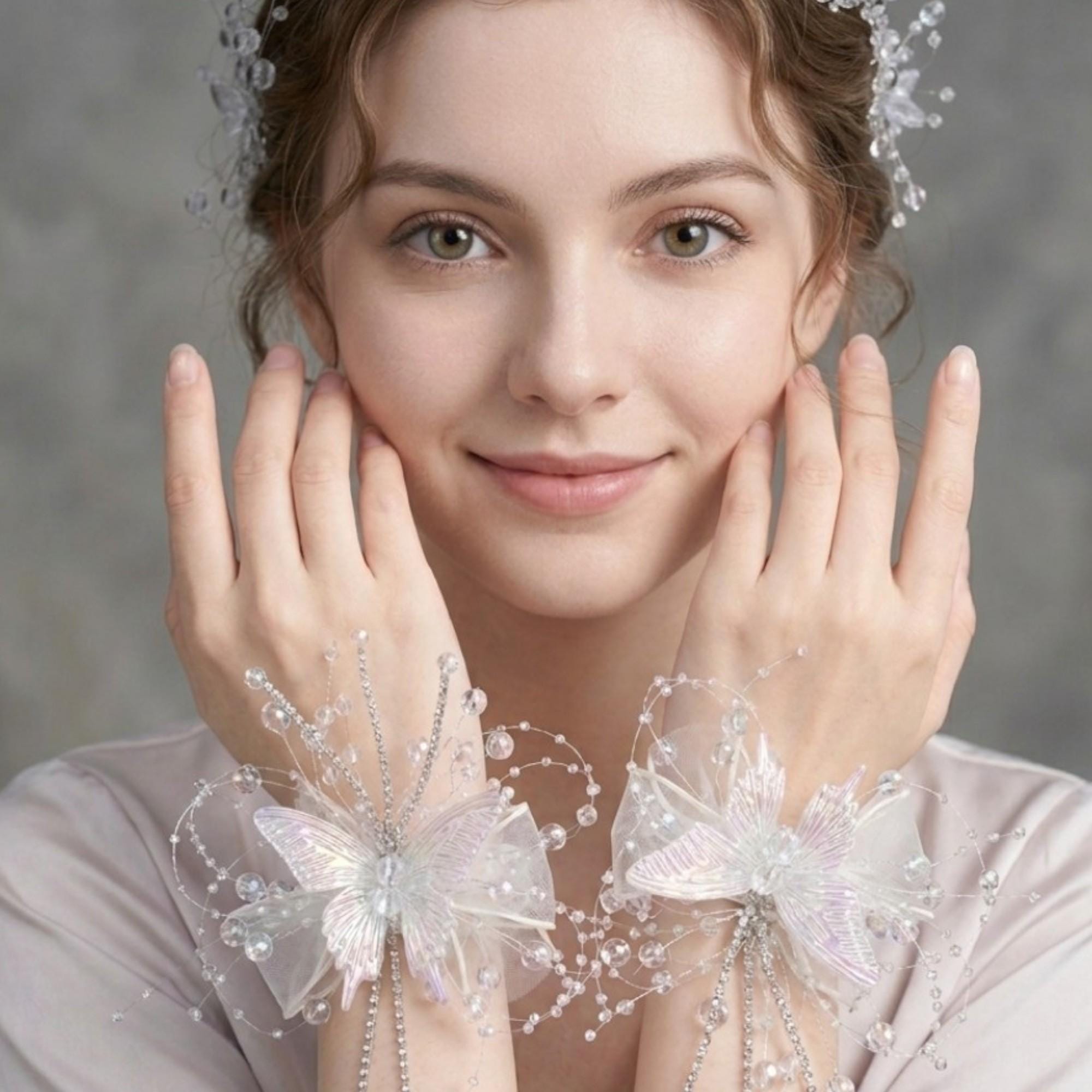 Iridescent Butterfly Wrist Corsage, Crystal Beaded Hand Corsage