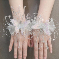 Iridescent Butterfly Wrist Corsage, Crystal Beaded Hand Corsage