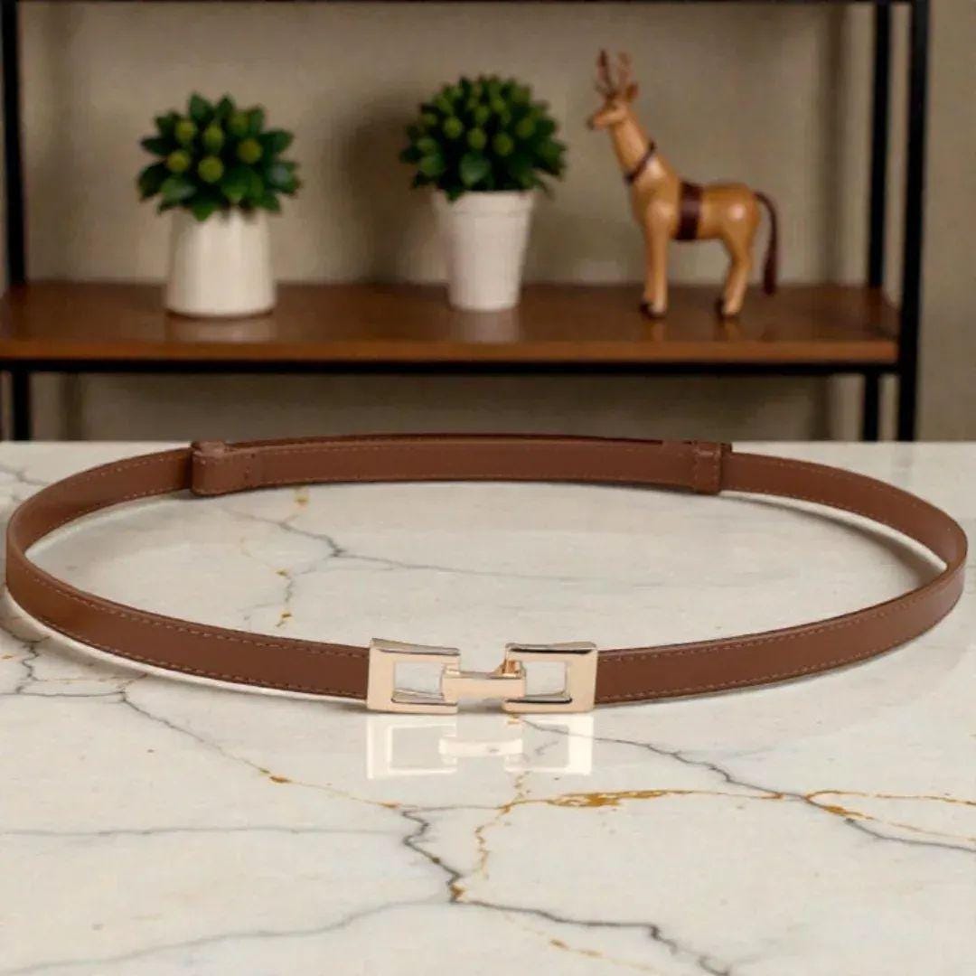 Women's Skinny Leather Belt, Thin Brown Waist Belt, Minimalist Gold Buckle Belt, Adjustable Dress Belt, Jeans Belt