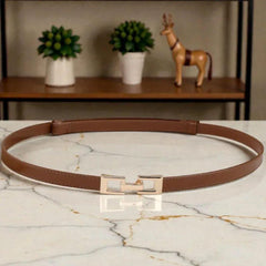 Women's Skinny Leather Belt, Thin Brown Waist Belt, Minimalist Gold Buckle Belt, Adjustable Dress Belt, Jeans Belt