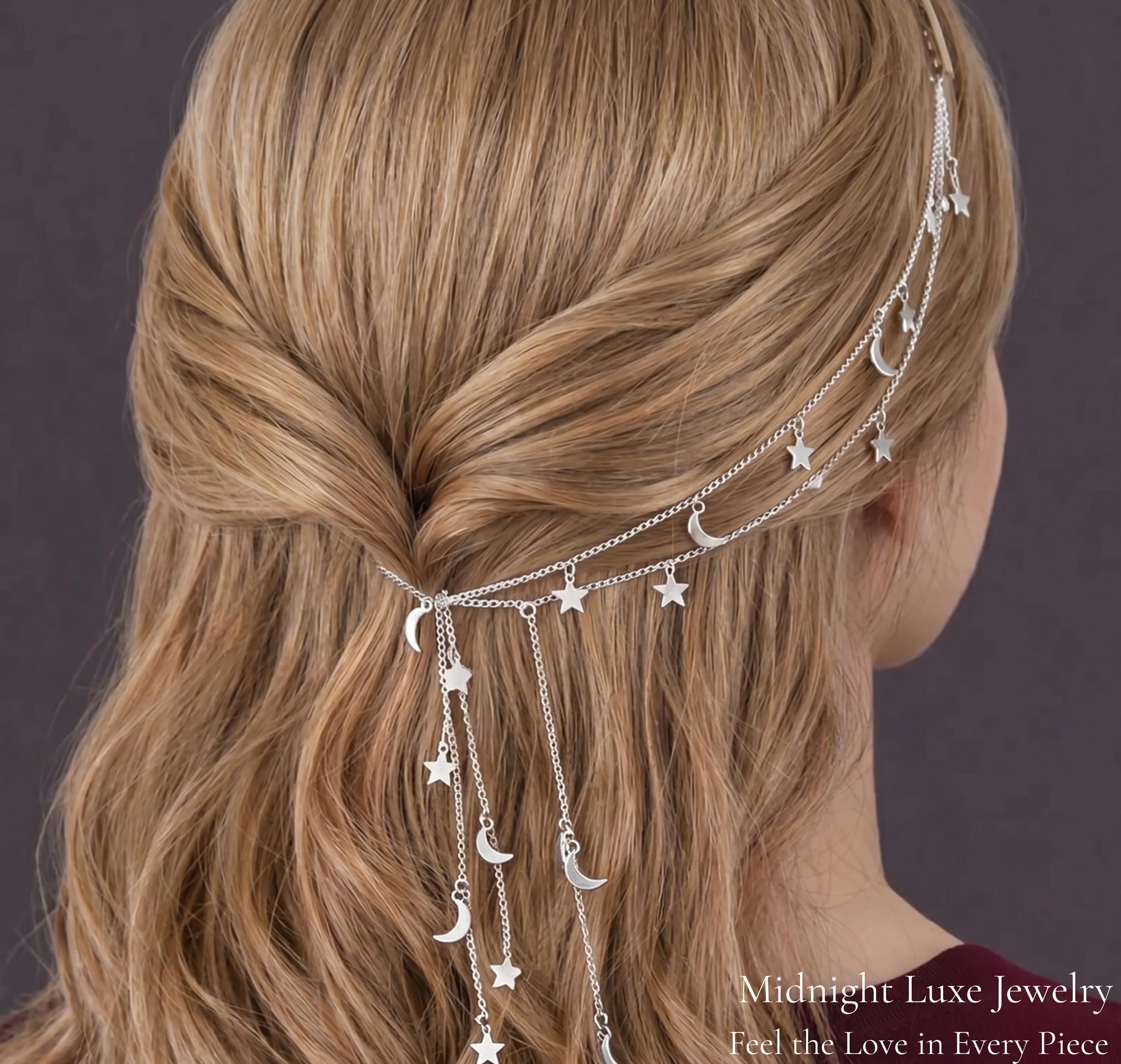 Celestial Moon Star Hair Chain Bridal Headpiece, Boho Gold Silver Tone Jewelry, Dainty Galaxy Hair Accessory