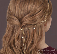 Celestial Moon Star Hair Chain Bridal Headpiece, Boho Gold Silver Tone Jewelry, Dainty Galaxy Hair Accessory