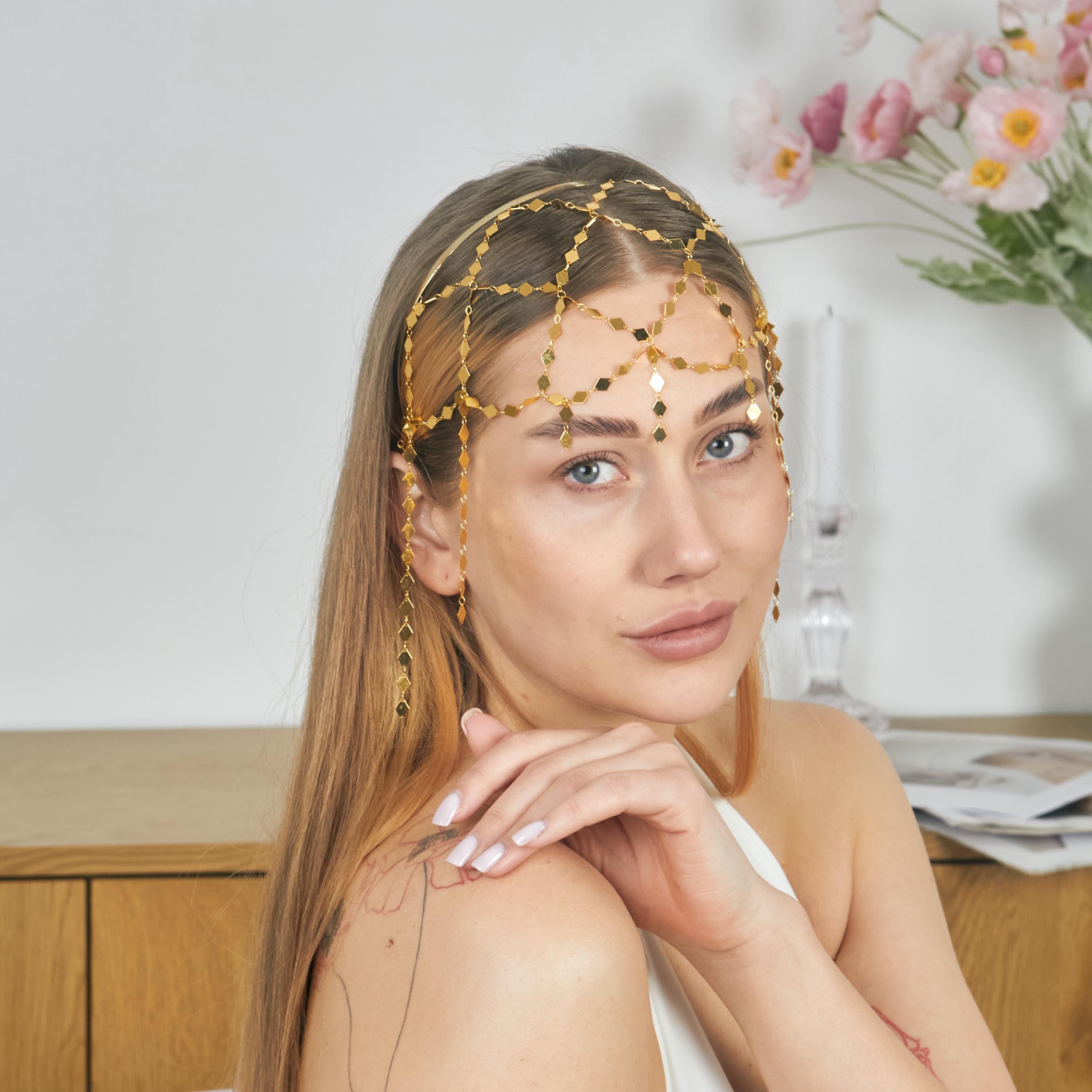 Reversible Bridal Veil Headpiece, Geometric Metal Hair Chain, Flexible Steel Crown, Modern Wedding Accessory