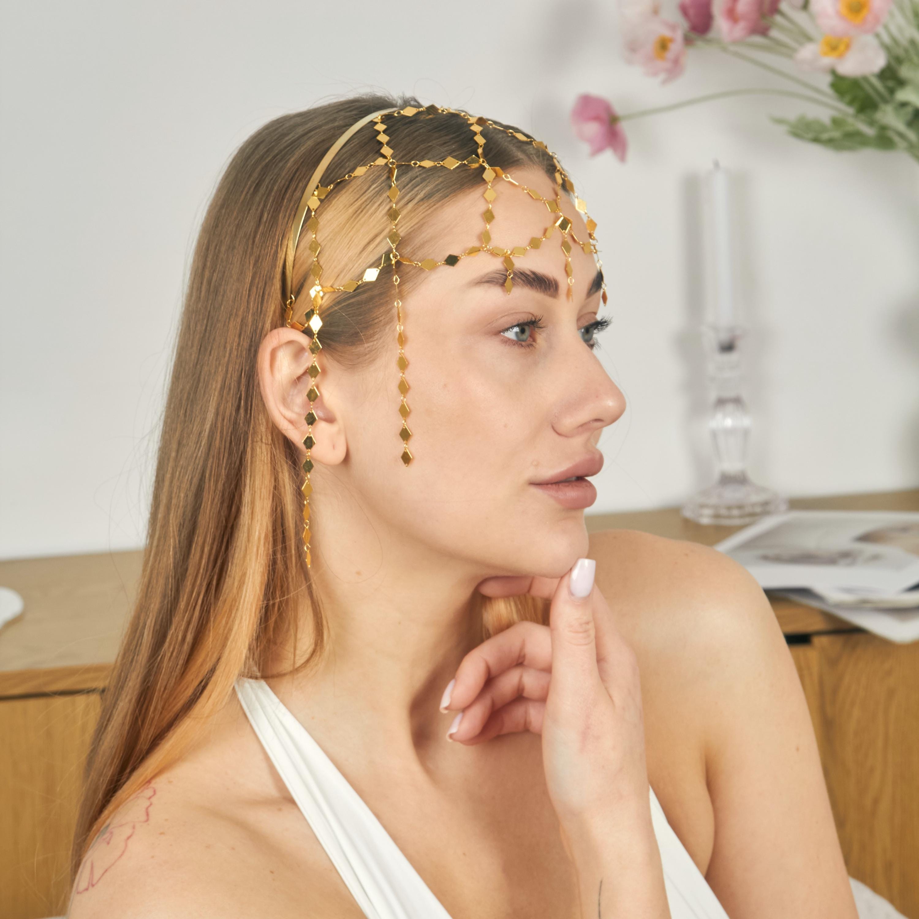 Reversible Bridal Veil Headpiece, Geometric Metal Hair Chain, Flexible Steel Crown, Modern Wedding Accessory