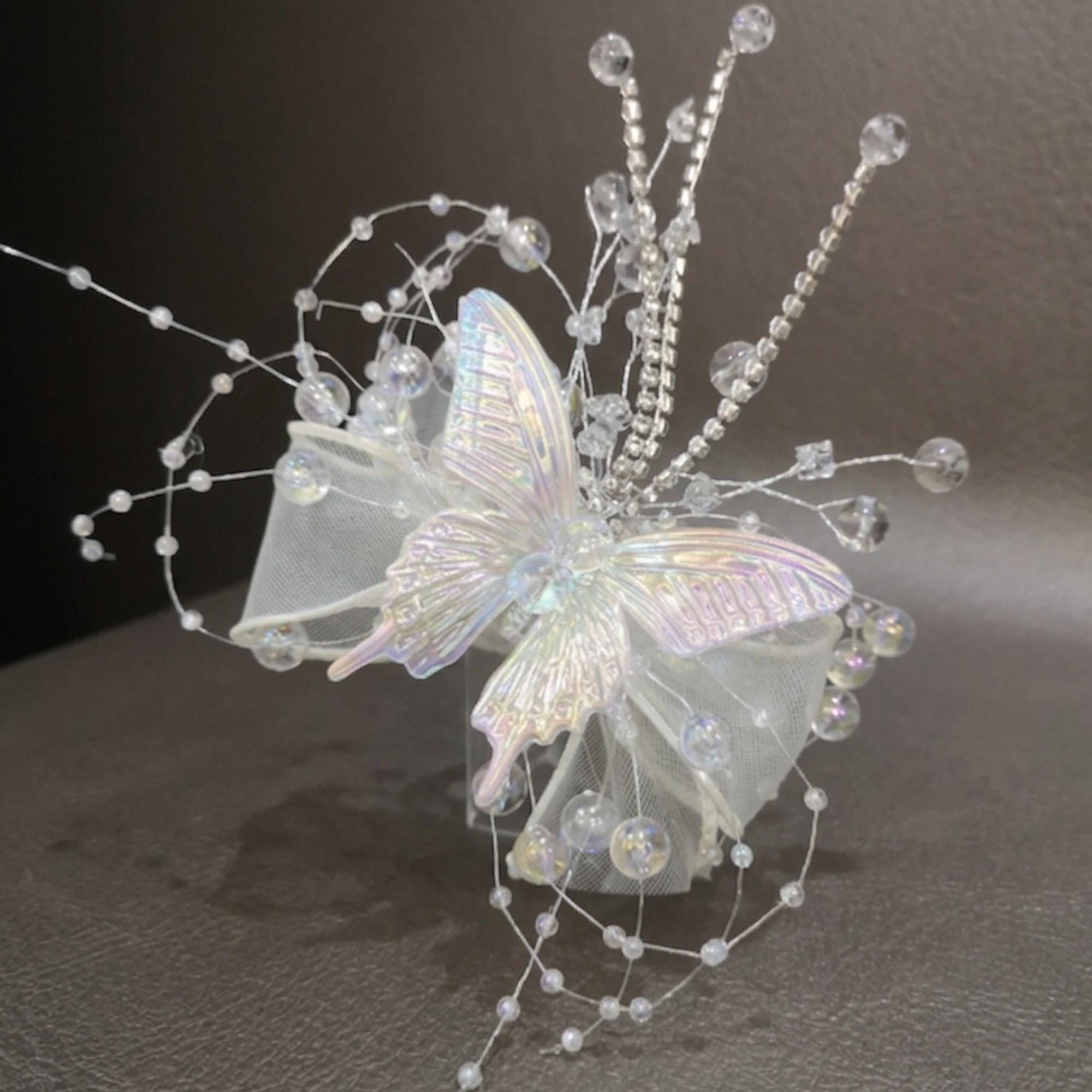 Iridescent Butterfly Wrist Corsage, Crystal Beaded Hand Corsage