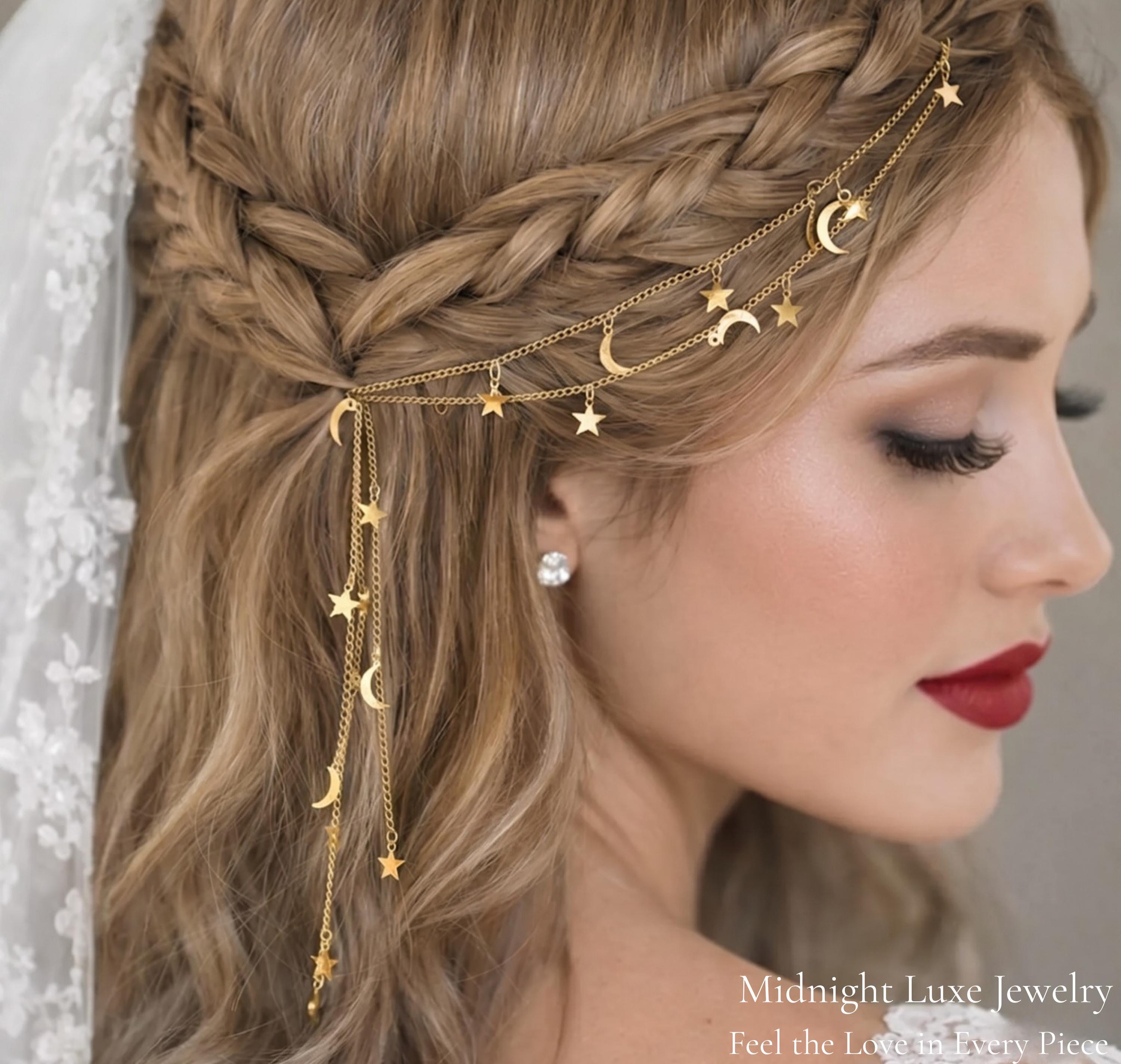 Celestial Moon Star Hair Chain Bridal Headpiece, Boho Gold Silver Tone Jewelry, Dainty Galaxy Hair Accessory