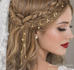 Celestial Moon Star Hair Chain Bridal Headpiece, Boho Gold Silver Tone Jewelry, Dainty Galaxy Hair Accessory