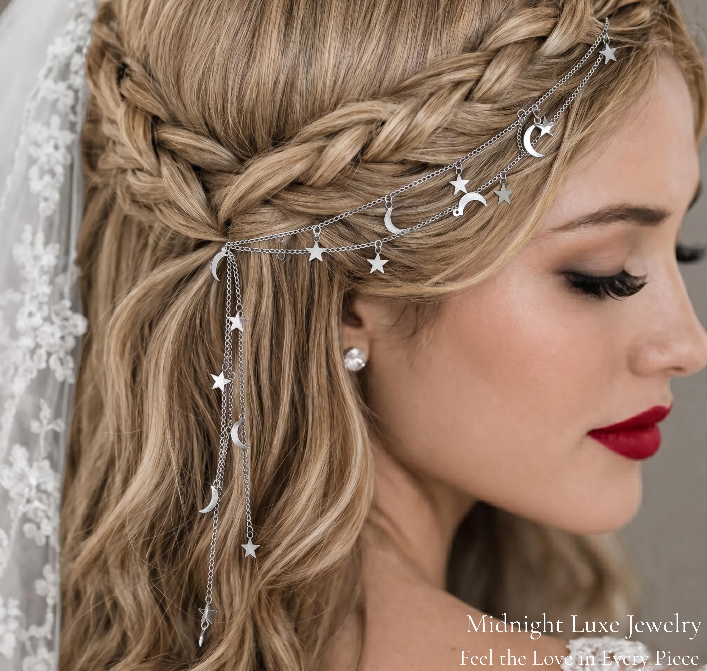 Celestial Moon Star Hair Chain Bridal Headpiece, Boho Gold Silver Tone Jewelry, Dainty Galaxy Hair Accessory