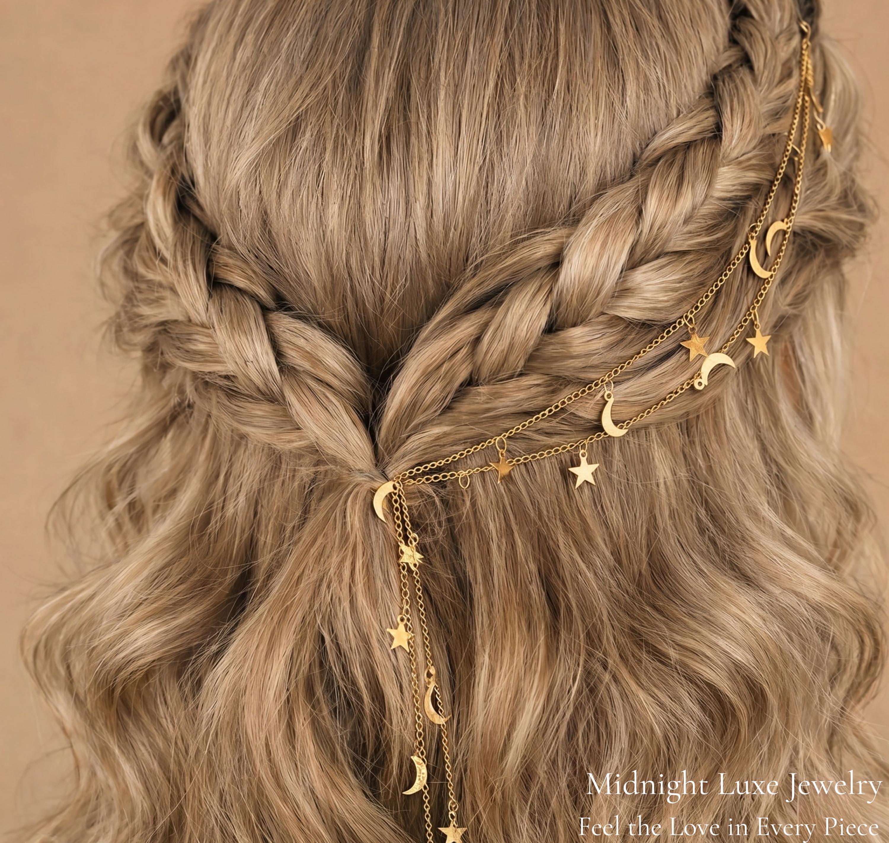 Celestial Moon Star Hair Chain Bridal Headpiece, Boho Gold Silver Tone Jewelry, Dainty Galaxy Hair Accessory