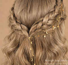 Celestial Moon Star Hair Chain Bridal Headpiece, Boho Gold Silver Tone Jewelry, Dainty Galaxy Hair Accessory