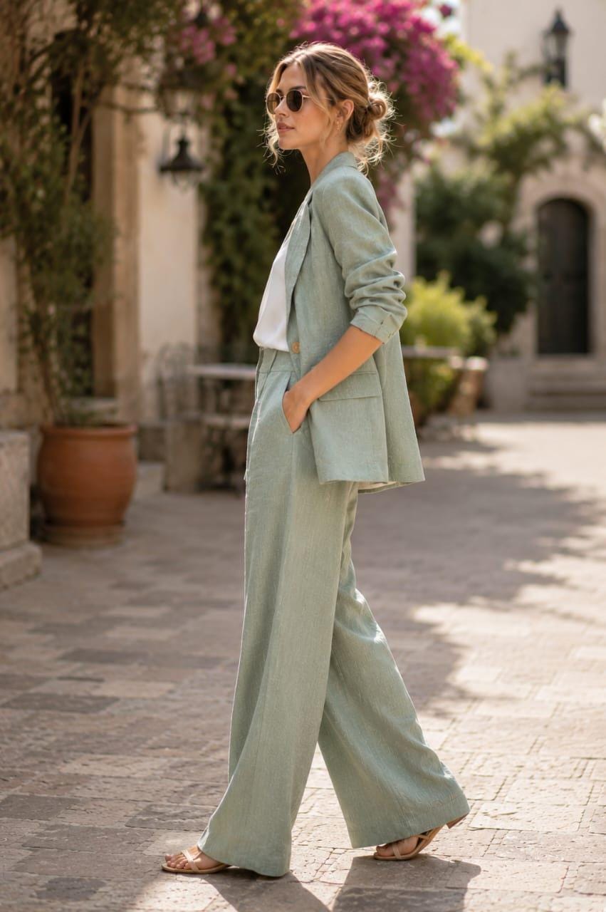 Sage Green Linen Suit Women: Loose Fit Blazer, Wide Leg Trousers, Minimalist Outfit