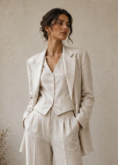 Women's 1920s Beige Linen 3 Piece Suit Set, Wide-Leg Pants, Vest, Blazer